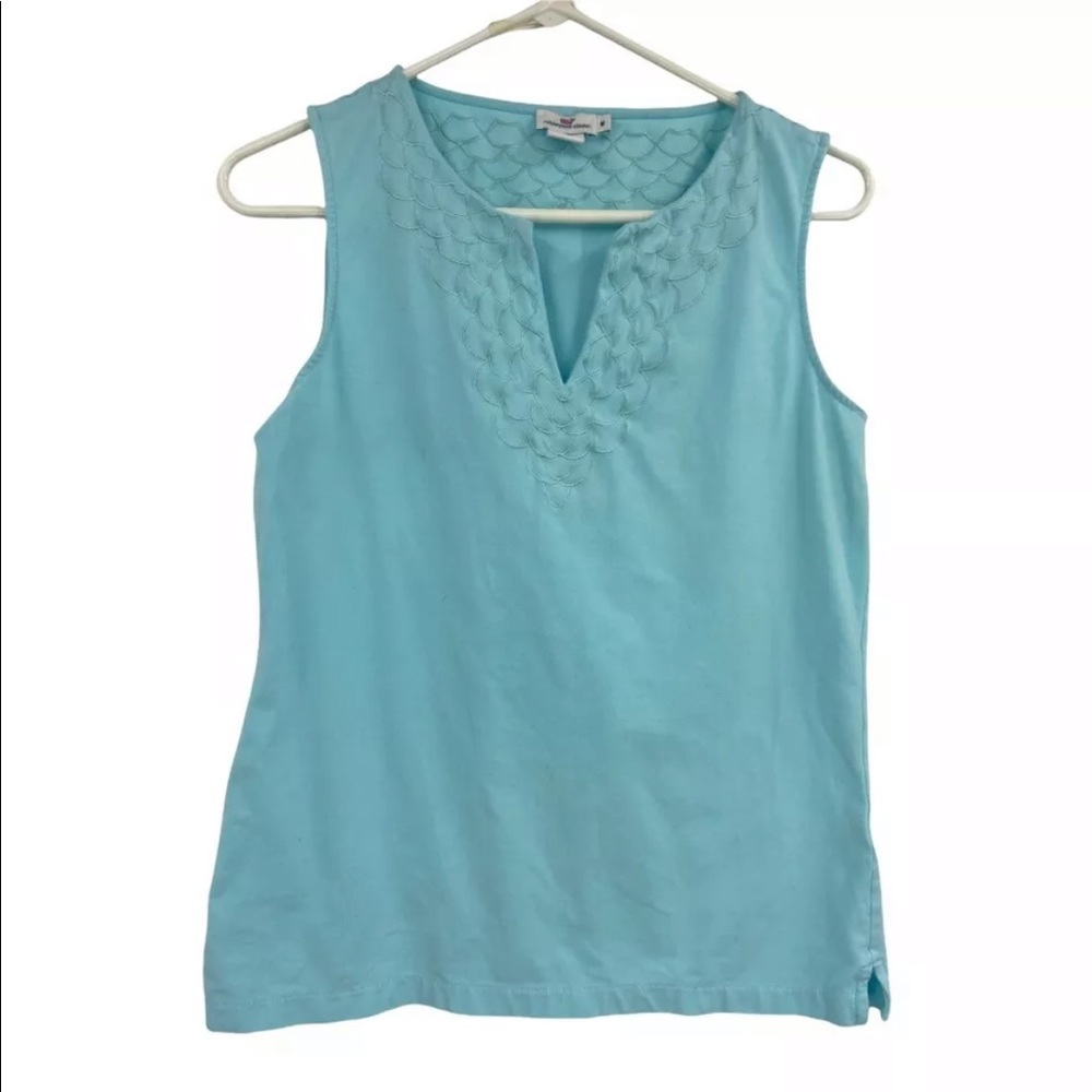 Vineyard Vines Notched Neck Tank Top in Aqua - S - Scallop Detail